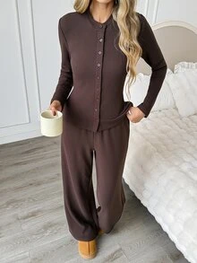 Easowa Women's Solid Color Long Sleeve Single-Breasted Top And Pants Casual 2 Pieces Set Warm Fabric - Brown - View 4