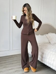Easowa Women's Solid Color Long Sleeve Single-Breasted Top And Pants Casual 2 Pieces Set Warm Fabric - Brown - View 3
