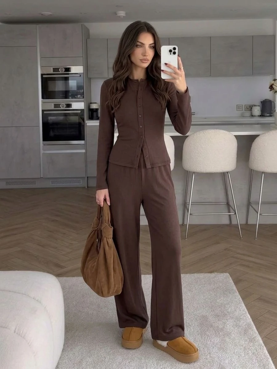 Easowa Women's Solid Color Long Sleeve Single-Breasted Top And Pants Casual 2 Pieces Set Warm Fabric