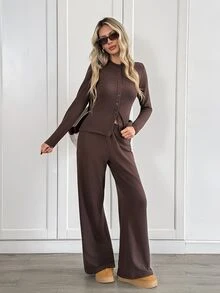 Easowa Women's Solid Color Long Sleeve Single-Breasted Top And Pants Casual 2 Pieces Set Warm Fabric - Brown - View 6
