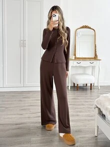Easowa Women's Solid Color Long Sleeve Single-Breasted Top And Pants Casual 2 Pieces Set Warm Fabric - Brown - View 5