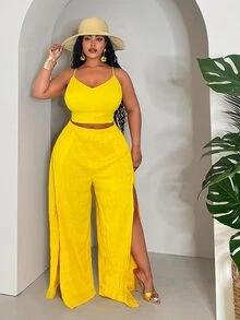 Veslaya Plus Size Fitted Tank Top & Flared Color-Block Pants Two Pieces Set, Yellow With Front Slit, Summer Resort Wear,Holiday Outfits - Yellow - View 7