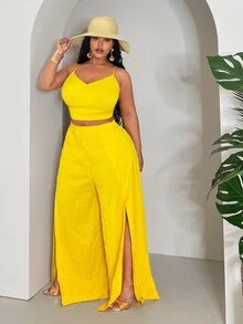 Veslaya Plus Size Fitted Tank Top & Flared Color-Block Pants Two Pieces Set, Yellow With Front Slit, Summer Resort Wear,Holiday Outfits - Yellow - View 5
