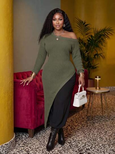 Veslaya 2026 Spring/Summer Women's Plus Size New High-End Elegant Feminine Romantic Classic Vintage Army Green Asymmetrical Shoulder Neck Long Asymmetrical Hem Long Sweater