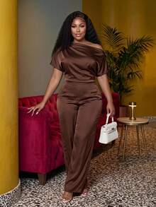 Veslaya Chocolate Brown Summer Curve Elegant Casual Cocktail Formal Plus Size Satin Jumpsuit Asymmetric Shoulder Design Wide Leg Pants With Pockets Party - Brown - View 1