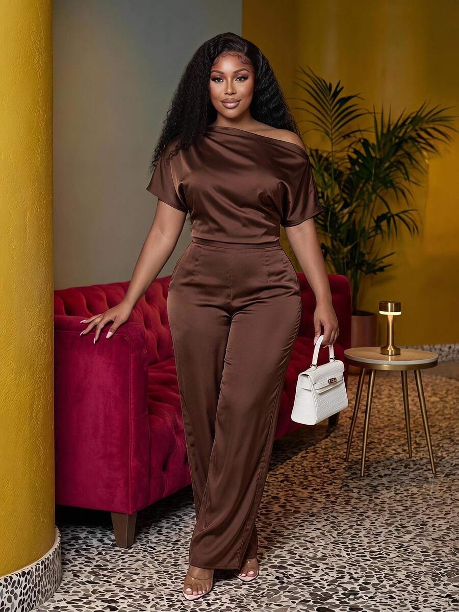 Veslaya Chocolate Brown Summer Curve Elegant Casual Cocktail Formal Plus Size Satin Jumpsuit Asymmetric Shoulder Design Wide Leg Pants With Pockets Party - Brown - View 1