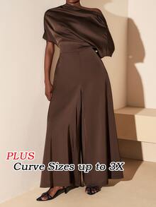 Veslaya Chocolate Brown Summer Curve Elegant Casual Cocktail Formal Plus Size Satin Jumpsuit Asymmetric Shoulder Design Wide Leg Pants With Pockets Party - Brown - View 5