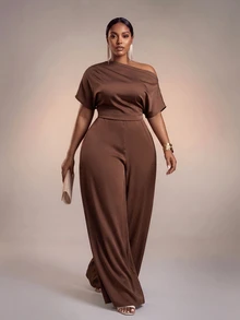 Veslaya Chocolate Brown Summer Curve Elegant Casual Cocktail Formal Plus Size Satin Jumpsuit Asymmetric Shoulder Design Wide Leg Pants With Pockets Party - Brown - View 2