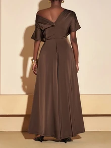 Veslaya Chocolate Brown Summer Curve Elegant Casual Cocktail Formal Plus Size Satin Jumpsuit Asymmetric Shoulder Design Wide Leg Pants With Pockets Party - Brown - View 4