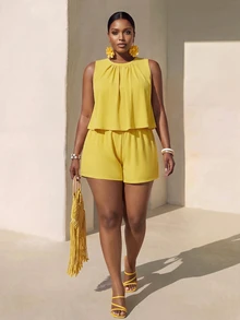 Veslaya Plus Size Women's Solid Color Pleated Sleeveless Shirt And Shorts 2 Pieces Set For Vacation Black And Gold Summer Casual Baggy Brunch - Yellow - View 2