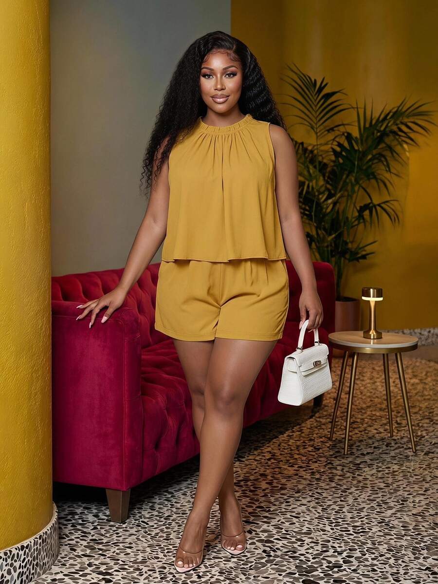 Veslaya Plus Size Women's Solid Color Pleated Sleeveless Shirt And Shorts 2 Pieces Set For Vacation Black And Gold Summer Casual Baggy Brunch - Yellow - View 1