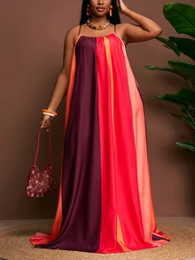 Veslaya Plus Size Women's Dark Purple And Contrast Abstract Print Loose Sleeveless A-Line Maxi Dress,Boho Summer Vacation Holiday Beach Sunbathing - Red - View 8