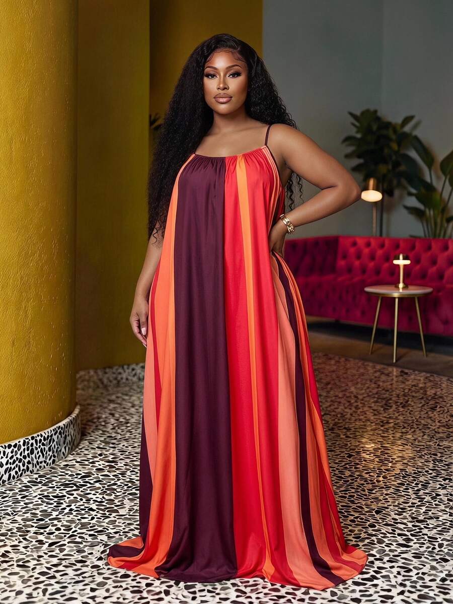 Veslaya Plus Size Women's Dark Purple And Contrast Abstract Print Loose Sleeveless A-Line Maxi Dress,Boho Summer Vacation Holiday Beach Sunbathing - Red - View 1