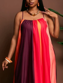 Veslaya Plus Size Women's Dark Purple And Contrast Abstract Print Loose Sleeveless A-Line Maxi Dress,Boho Summer Vacation Holiday Beach Sunbathing - Red - View 7