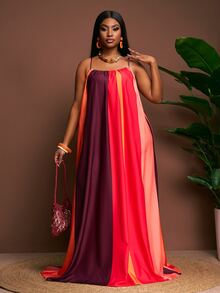 Veslaya Plus Size Women's Dark Purple And Contrast Abstract Print Loose Sleeveless A-Line Maxi Dress,Boho Summer Vacation Holiday Beach Sunbathing - Red - View 6