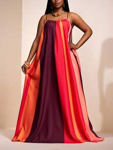 Veslaya Plus Size Women's Dark Purple And Contrast Abstract Print Loose Sleeveless A-Line Maxi Dress,Boho Summer Vacation Holiday Beach Sunbathing - Red - View 11
