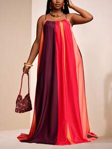 Veslaya Plus Size Women's Dark Purple And Contrast Abstract Print Loose Sleeveless A-Line Maxi Dress,Boho Summer Vacation Holiday Beach Sunbathing - Red - View 10