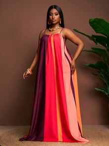 Veslaya Plus Size Women's Dark Purple And Contrast Abstract Print Loose Sleeveless A-Line Maxi Dress,Boho Summer Vacation Holiday Beach Sunbathing - Red - View 3