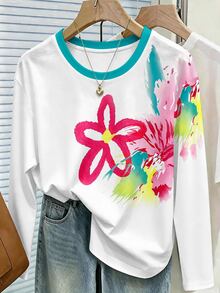 Resyla Long Sleeve T-Shirt, Spring/Autumn Outdoor Top, Contrast Color Floral Oil Painting Print Pattern, Graphic Design, Daily Wear, Casual Vacation, Outdoor Commute Style, Comfortable Fabric, Fitted Cut - Multicolor - View 3