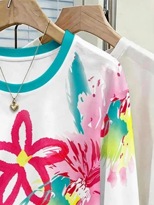 Resyla Long Sleeve T-Shirt, Spring/Autumn Outdoor Top, Contrast Color Floral Oil Painting Print Pattern, Graphic Design, Daily Wear, Casual Vacation, Outdoor Commute Style, Comfortable Fabric, Fitted Cut - Multicolor - View 4