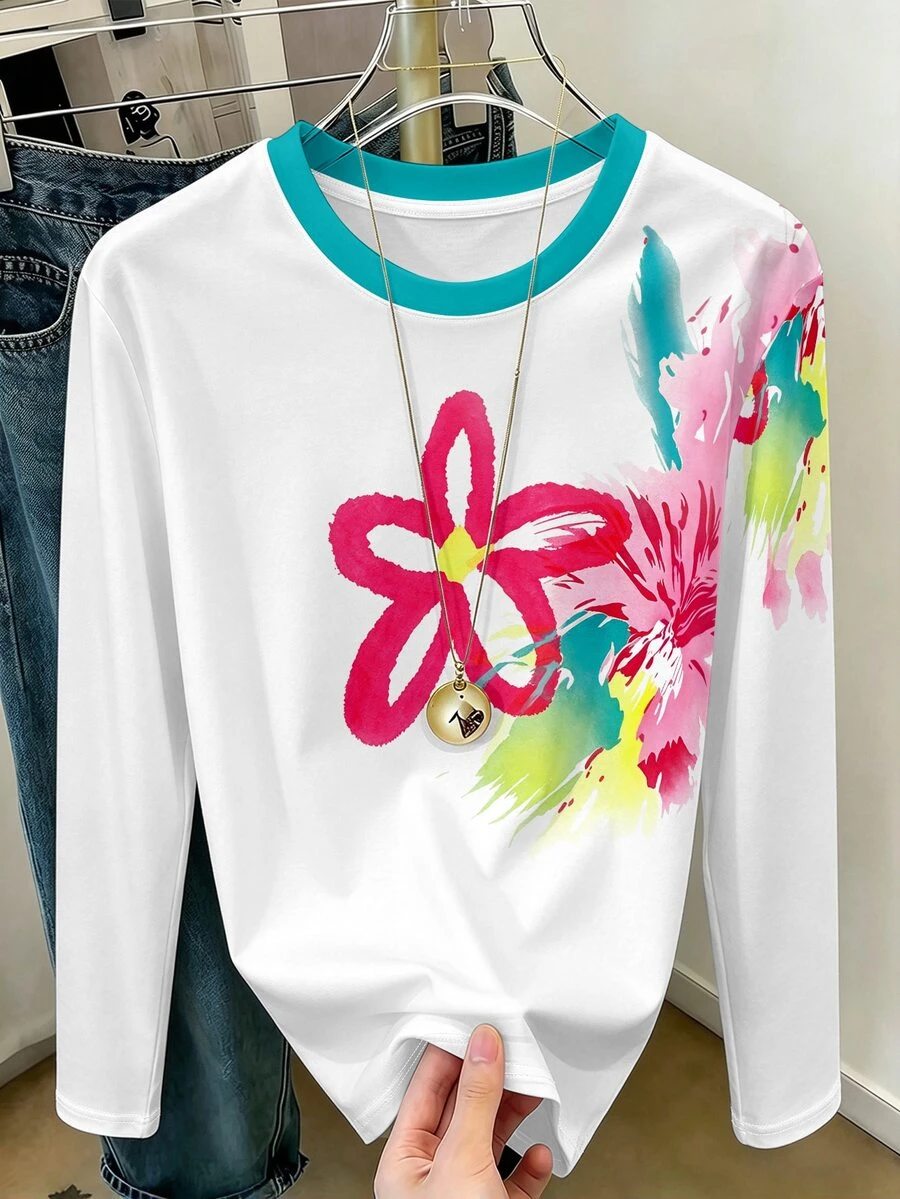 Resyla Long Sleeve T-Shirt, Spring/Autumn Outdoor Top, Contrast Color Floral Oil Painting Print Pattern, Graphic Design, Daily Wear, Casual Vacation, Outdoor Commute Style, Comfortable Fabric, Fitted Cut - Multicolor - View 1