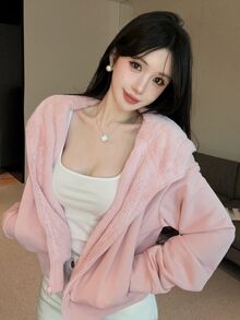 DAZY 女款粉色連帽抓絨內裡拉鍊短版寬鬆甜美可愛休閒居家運動衫，秋冬款 - 粉色 - 查看 6