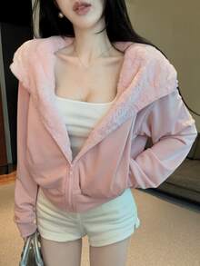 DAZY 女款粉色連帽抓絨內裡拉鍊短版寬鬆甜美可愛休閒居家運動衫，秋冬款 - 粉色 - 查看 4