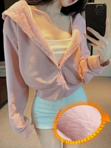 DAZY 女款粉色連帽抓絨內裡拉鍊短版寬鬆甜美可愛休閒居家運動衫，秋冬款 - 粉色 - 查看 1