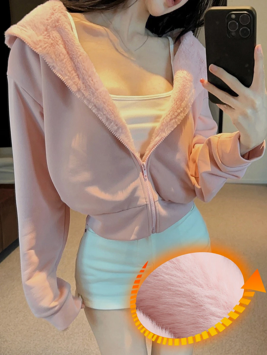 DAZY 女款粉色連帽抓絨內裡拉鍊短版寬鬆甜美可愛休閒居家運動衫,秋冬款 - 粉色 - 查看 1
