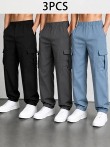SHEIN Coolqubz 3pcs/Set Teen Boys Solid Color Flap Pocket Sweatpants Casual Streetwear Baggy Multi-Color Wide Leg Autumn Winter Trousers Black Grey Navy Blue - Multicolor - View 7