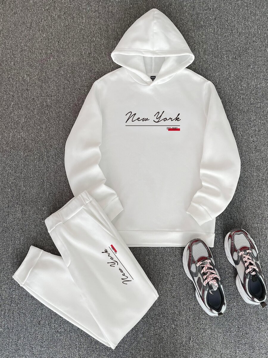 Daypath Men's 2 Pieces Hoodie Set, Minimalist Letter Design, Men's Sports Outfit, Suitable For Autumn/Winter - White - View 1