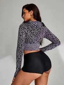 Slayform Women's Leopard Print Long Sleeve Zip-Up Cropped Hooded Sports Jacket - Dusty Purple - View 2