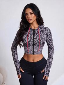 Slayform Women's Leopard Print Long Sleeve Zip-Up Cropped Hooded Sports Jacket - Dusty Purple - View 5