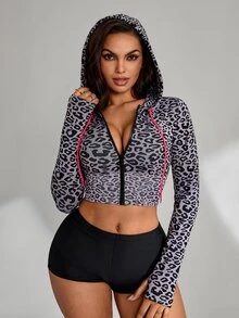Slayform Women's Leopard Print Long Sleeve Zip-Up Cropped Hooded Sports Jacket - Dusty Purple - View 1