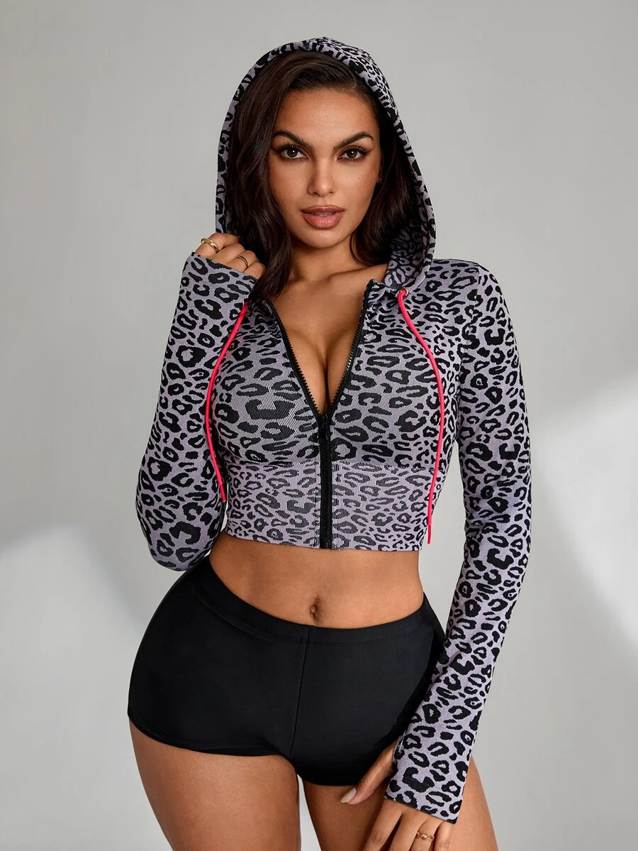 Slayform Women's Leopard Print Long Sleeve Zip-Up Cropped Hooded Sports Jacket - Dusty Purple - View 1