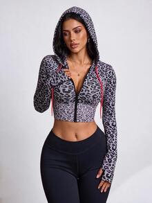 Slayform Women's Leopard Print Long Sleeve Zip-Up Cropped Hooded Sports Jacket - Dusty Purple - View 3