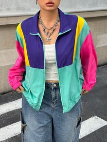 Muchica Plus Size Jackets Zip Blok Warna Casual - MultiWarna - View 2