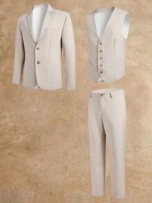 EASEVO Men's Plus Size Button Long Sleeve Jacket And Vest With Pants Suit Set - Apricot - View 1