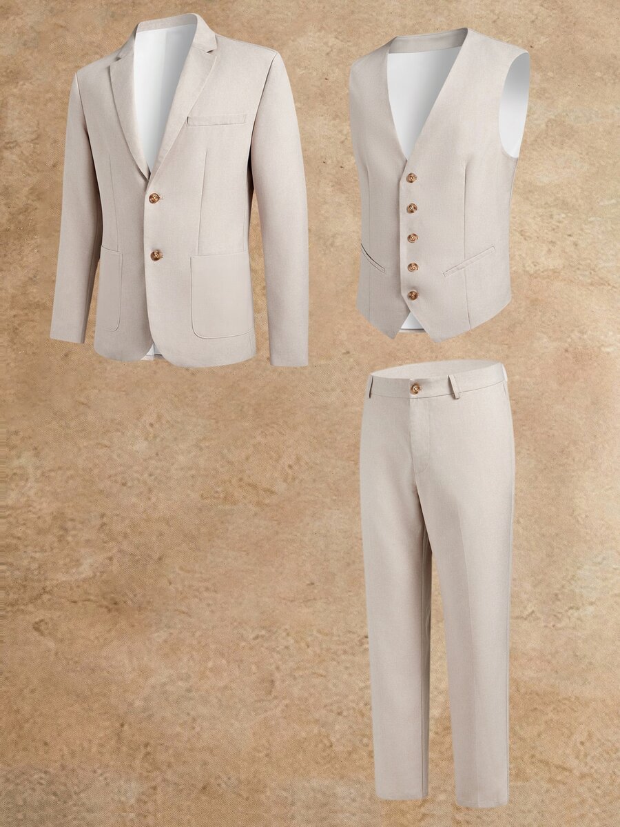 EASEVO Men's Plus Size Button Long Sleeve Jacket And Vest With Pants Suit Set - Apricot - View 1