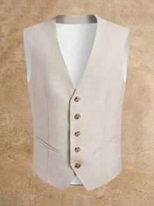 EASEVO Men's Plus Size Button Long Sleeve Jacket And Vest With Pants Suit Set - Apricot - View 5