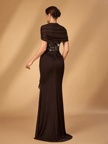Serin Elegant Formal Chocolate Brown Stretch Sequin Tulle Sheer Sweetheart Cape Ruched Draped Ruffle Slit Mother Of The Bride Wedding Party Dinner Fall Gown - Coffee Brown - View 8