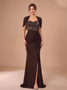 Serin Elegant Formal Chocolate Brown Stretch Sequin Tulle Sheer Sweetheart Cape Ruched Draped Ruffle Slit Mother Of The Bride Wedding Party Dinner Fall Gown - Coffee Brown - View 4