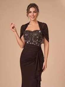 Serin Elegant Formal Chocolate Brown Stretch Sequin Tulle Sheer Sweetheart Cape Ruched Draped Ruffle Slit Mother Of The Bride Wedding Party Dinner Fall Gown - Coffee Brown - View 5