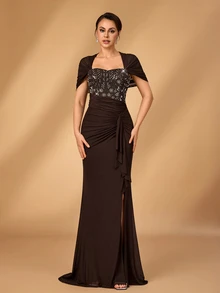 Serin Elegant Formal Chocolate Brown Stretch Sequin Tulle Sheer Sweetheart Cape Ruched Draped Ruffle Slit Mother Of The Bride Wedding Party Dinner Fall Gown - Coffee Brown - View 6