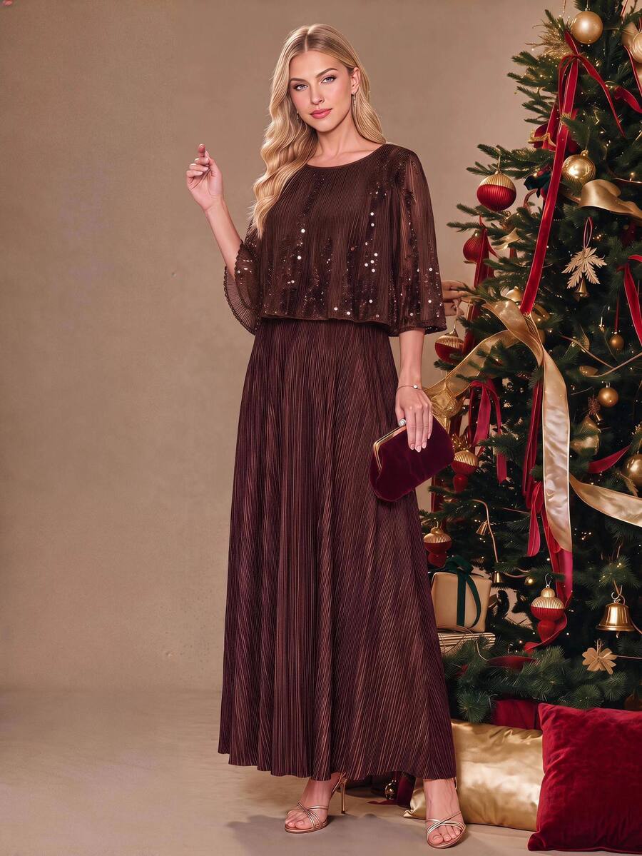 Amorya Women's Elegant Mature Party Party Night Bar Party Dinner Formal Sequin Decorated Long Dress Wedding Dark Brown Summer Wedding
