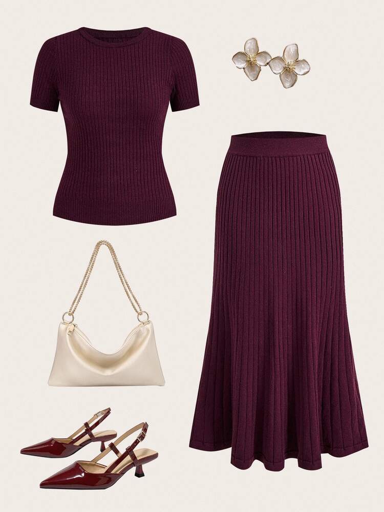 Modelyn 2pcs Women Solid Color Scoop Neck Short Sleeve Top And Elegant Knit Skirt Set 2 Pieces Set In Fall/Winter - Purple - View 6