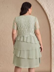 Reflora Plus Size Summer Elegant Solid Color Lace Patchwork Dress - Green - View 2