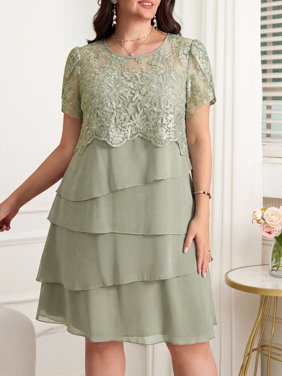 Reflora Plus Size Summer Elegant Solid Color Lace Patchwork Dress - Green - View 1
