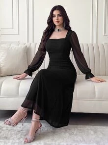Modelyn 女士优雅纯色网纱修身长裙，秋季长款晚礼服 - 黑色 - 查看 2