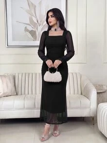 Modelyn 女士优雅纯色网纱修身长裙，秋季长款晚礼服 - 黑色 - 查看 6